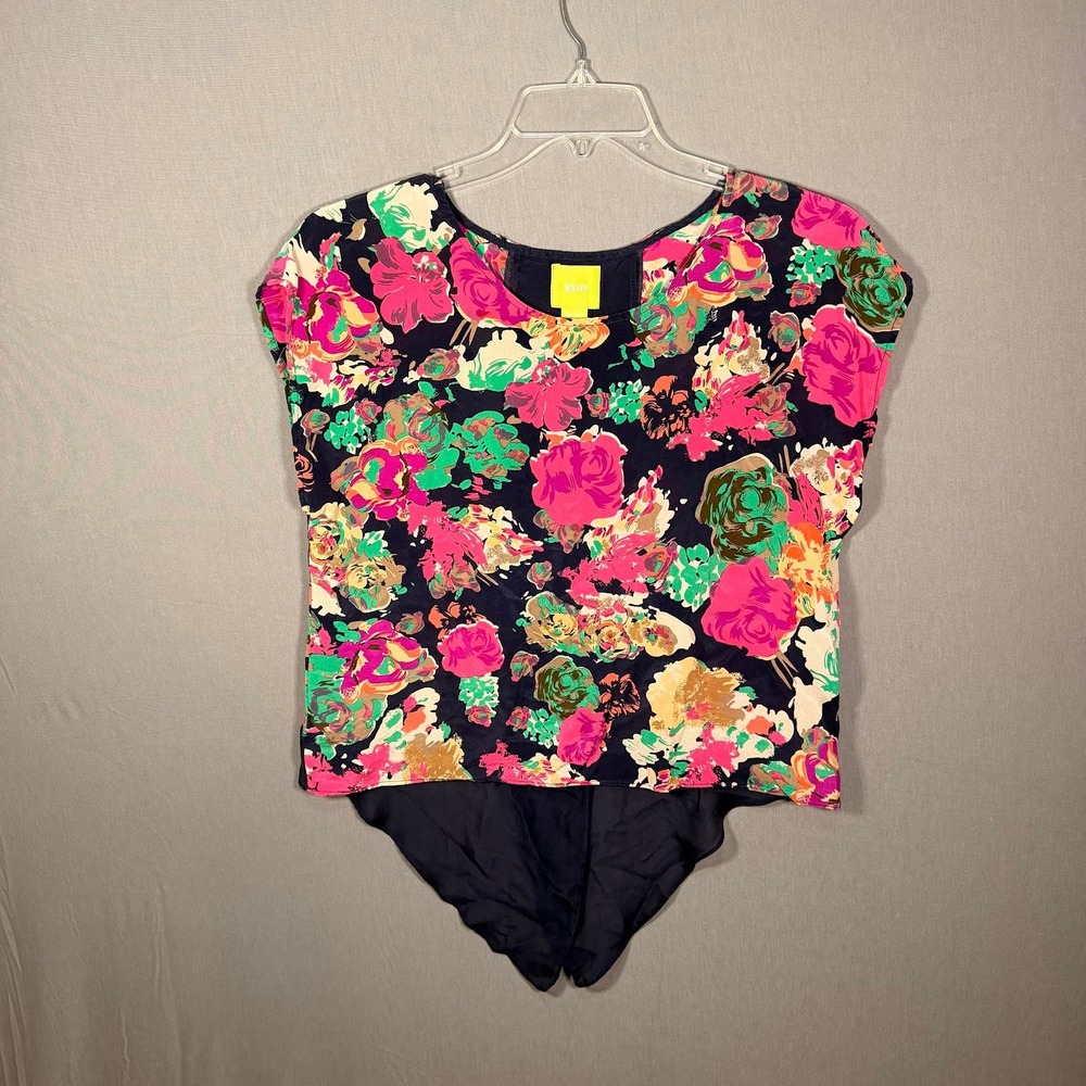 Maeve Anthropologie Navy Floral 100% Silk Sheer Back High Low Blouse Womens S 4